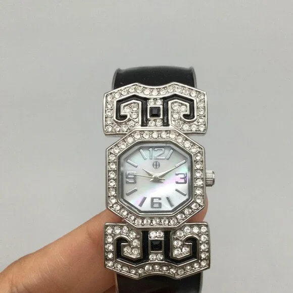 Art Deco Bangle Cuff Watch Womens 21mm Black Enamel Crystal MOP Dial New Battery - Picture 6 of 13